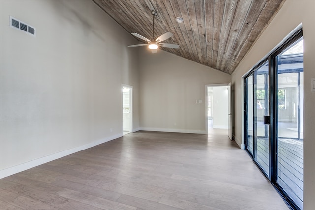 unfurnished room featuring wood ceiling, high vaulted ceiling, light hardwood / wood-style flooring, and ceiling fan