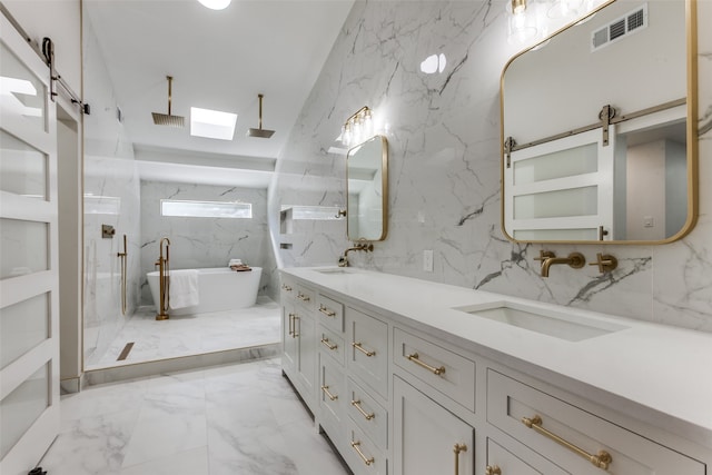 bathroom featuring vanity, tile walls, and plus walk in shower