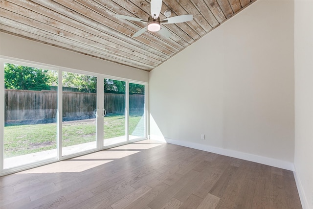 empty room featuring lofted ceiling, hardwood / wood-style flooring, wooden ceiling, and ceiling fan