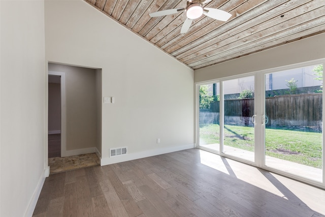 unfurnished room featuring wood ceiling, vaulted ceiling, light hardwood / wood-style floors, and ceiling fan