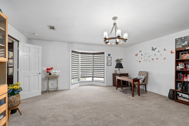 interior space with light carpet and a notable chandelier