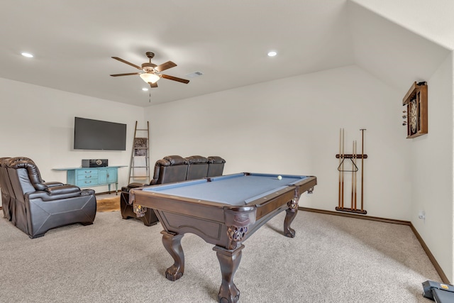 game room with light carpet, pool table, ceiling fan, and vaulted ceiling