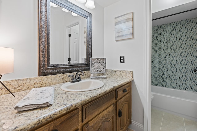 full bathroom with vanity, bathing tub / shower combination, tile patterned flooring, and toilet