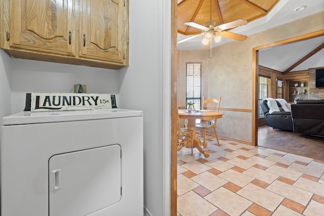 laundry room featuring ceiling fan, wood ceiling, cabinets, washer / dryer, and light hardwood / wood-style floors