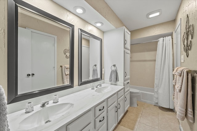 full bathroom featuring vanity, tile patterned flooring, toilet, and shower / tub combo with curtain