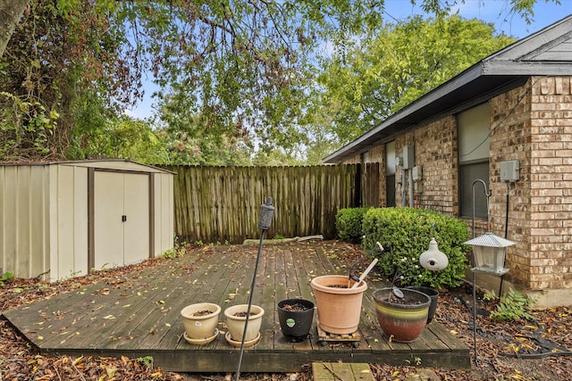 view of yard with a deck and a storage shed