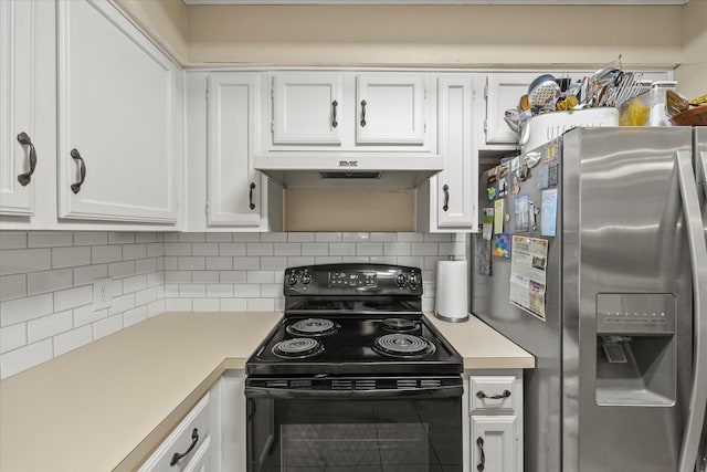 kitchen featuring stainless steel fridge with ice dispenser, tasteful backsplash, white cabinets, and black electric range oven