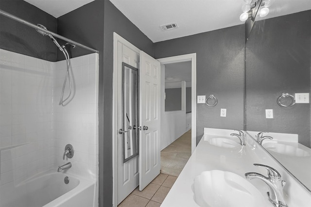 bathroom with shower / bathing tub combination, vanity, and tile patterned floors