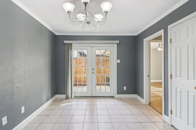 doorway featuring french doors, light tile patterned floors, ceiling fan with notable chandelier, and ornamental molding