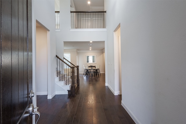 entrance foyer with crown molding, a high ceiling, and dark hardwood / wood-style flooring