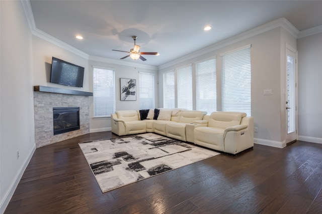 living room featuring ceiling fan, ornamental molding, a fireplace, and dark hardwood / wood-style flooring