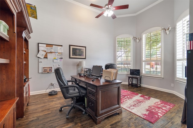 office space featuring dark wood-type flooring, ceiling fan, and ornamental molding