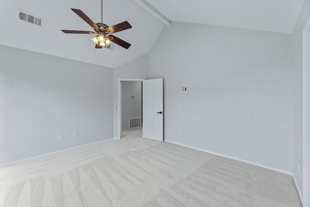 carpeted empty room featuring beam ceiling, high vaulted ceiling, and ceiling fan