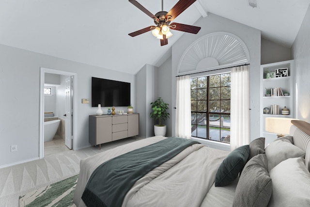 bedroom with high vaulted ceiling, light colored carpet, connected bathroom, and ceiling fan