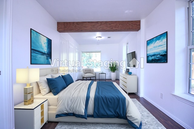 bedroom with dark hardwood / wood-style floors and beamed ceiling