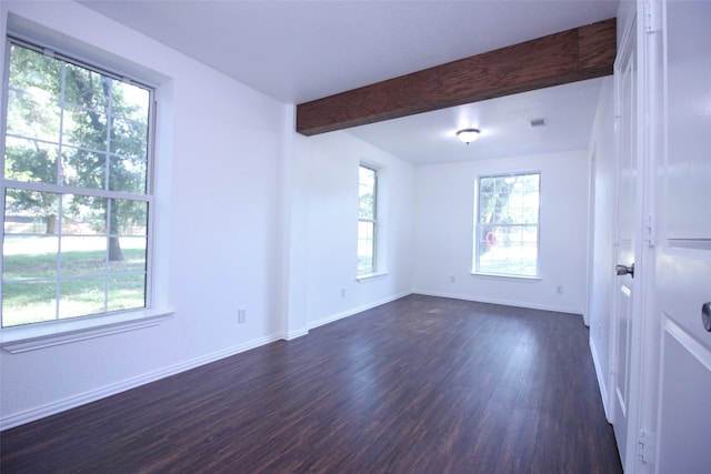 empty room with beamed ceiling and dark wood-type flooring