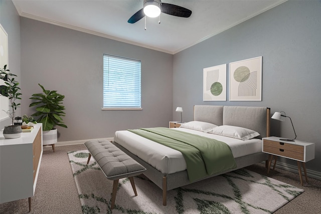 carpeted bedroom with ceiling fan and ornamental molding