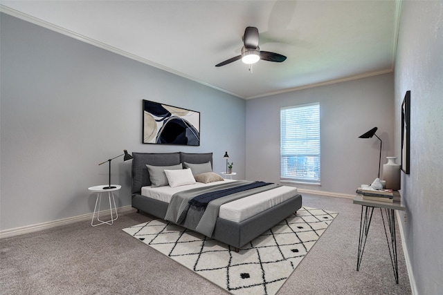 bedroom with light carpet, ceiling fan, and crown molding