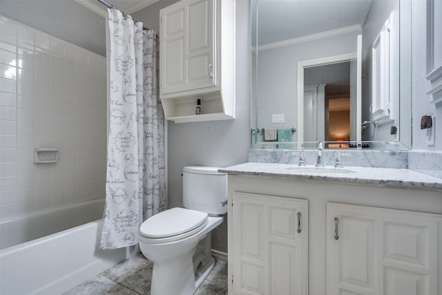 full bathroom with shower / bathtub combination with curtain, vanity, toilet, and ornamental molding