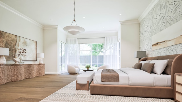 bedroom with ornamental molding and light wood-type flooring