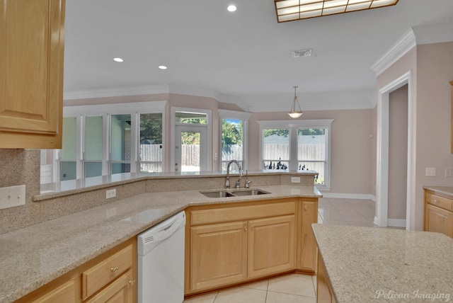 kitchen featuring light brown cabinets, hanging light fixtures, white dishwasher, ornamental molding, and sink