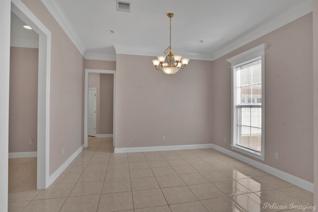 tiled empty room with a notable chandelier, a healthy amount of sunlight, and ornamental molding