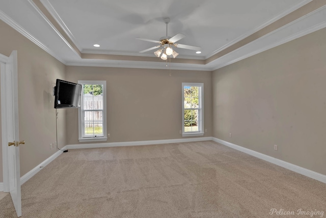 carpeted empty room with crown molding, ceiling fan, and a raised ceiling