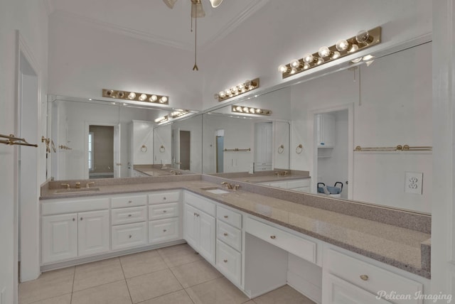 bathroom featuring vanity, crown molding, ceiling fan, and tile patterned flooring