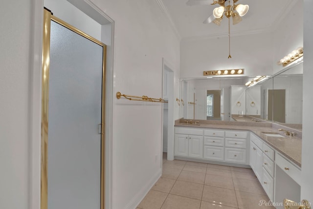 bathroom featuring vanity, crown molding, tile patterned floors, and ceiling fan