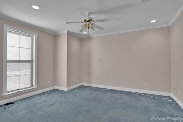 carpeted spare room with crown molding and ceiling fan