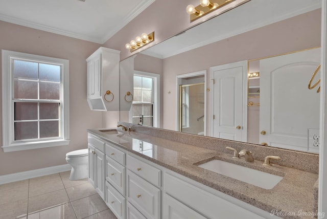 bathroom with toilet, a shower with shower door, vanity, crown molding, and tile patterned flooring