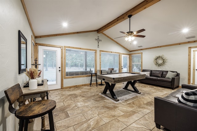 rec room with lofted ceiling with beams, ornamental molding, and ceiling fan