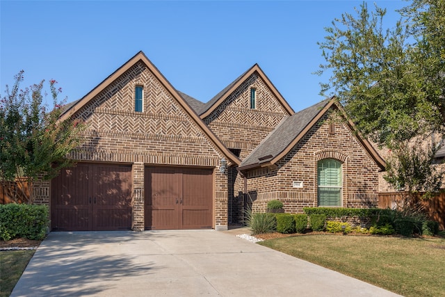 tudor-style house with a garage and a front lawn