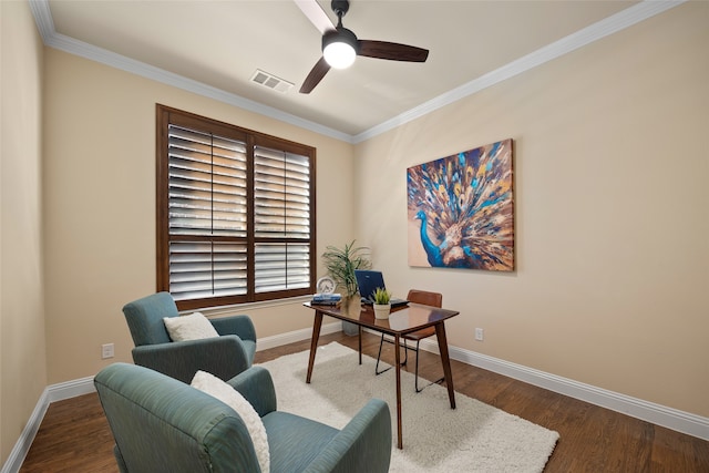 office area featuring dark hardwood / wood-style flooring, crown molding, and ceiling fan