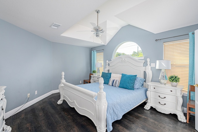 bedroom featuring lofted ceiling, ceiling fan, and wood-type flooring