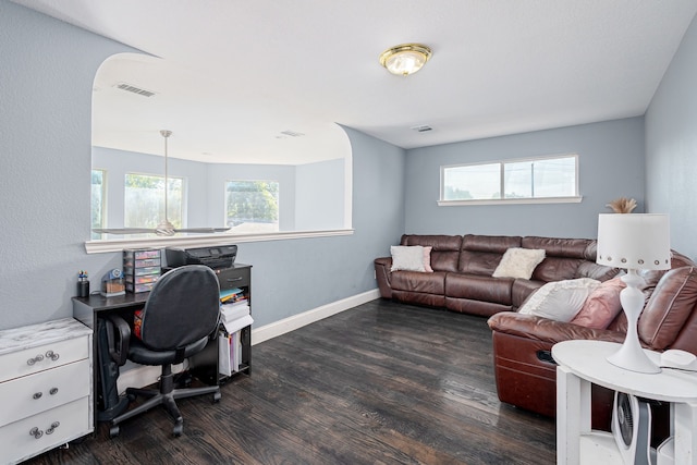 home office with a wealth of natural light and dark hardwood / wood-style floors