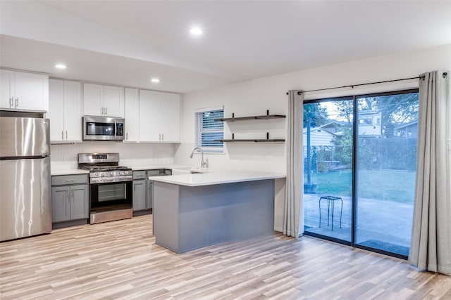 kitchen with kitchen peninsula, gray cabinetry, white cabinetry, stainless steel appliances, and light hardwood / wood-style floors