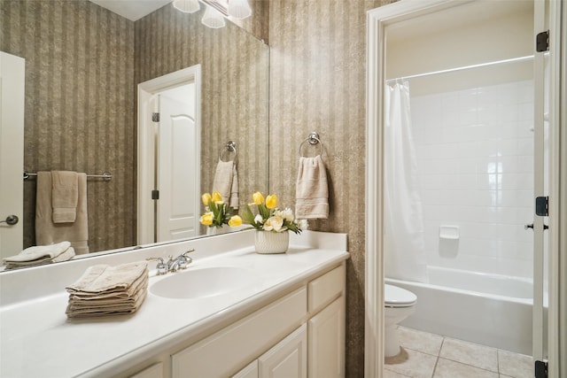 full bathroom featuring tile patterned flooring, vanity, shower / bath combination with curtain, and toilet