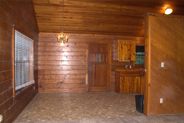 unfurnished dining area with wood walls, wood ceiling, and vaulted ceiling