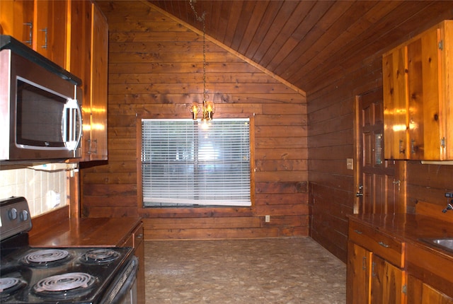 kitchen featuring vaulted ceiling, electric range oven, wooden walls, hanging light fixtures, and wood ceiling