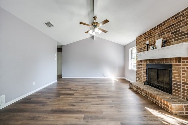 unfurnished living room with a fireplace, ceiling fan, hardwood / wood-style floors, and vaulted ceiling