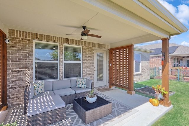 view of patio with an outdoor hangout area and ceiling fan