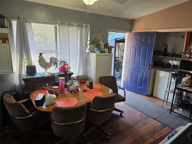 dining room featuring a healthy amount of sunlight, a textured ceiling, separate washer and dryer, and wood-type flooring