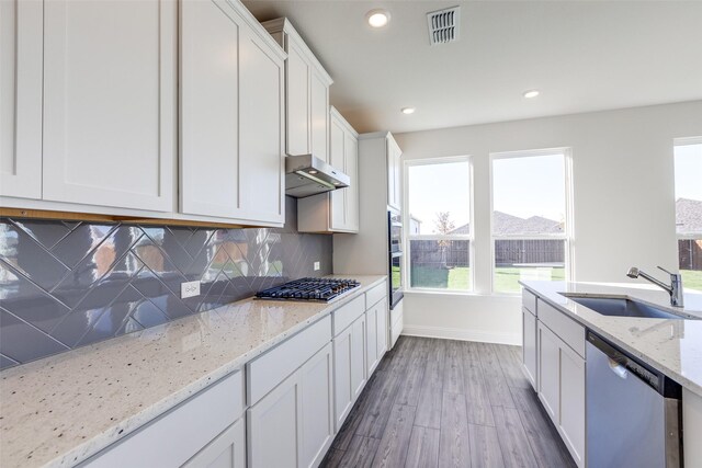 kitchen with wood-type flooring, sink, light stone countertops, white cabinetry, and stainless steel appliances