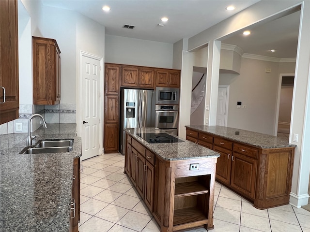 kitchen with pendant lighting, decorative backsplash, light tile patterned flooring, and an inviting chandelier