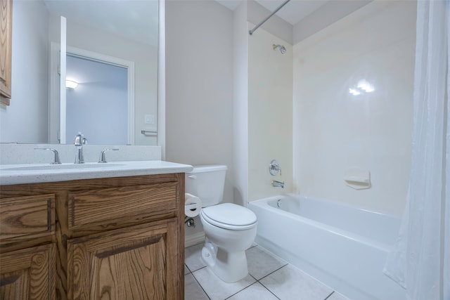 full bathroom featuring vanity, tile patterned flooring, shower / bathtub combination with curtain, and toilet