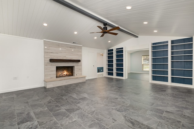 unfurnished living room with built in shelves, ceiling fan, a tiled fireplace, wood ceiling, and vaulted ceiling with beams