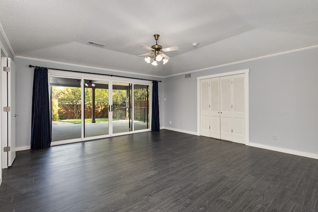 unfurnished bedroom featuring access to outside, dark hardwood / wood-style flooring, and ornamental molding