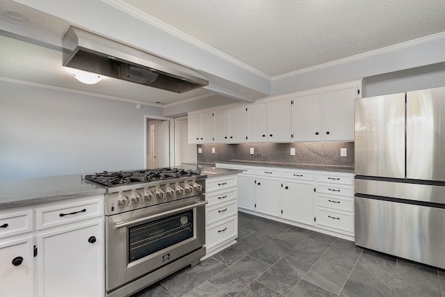 kitchen with ornamental molding, white cabinetry, exhaust hood, appliances with stainless steel finishes, and decorative backsplash