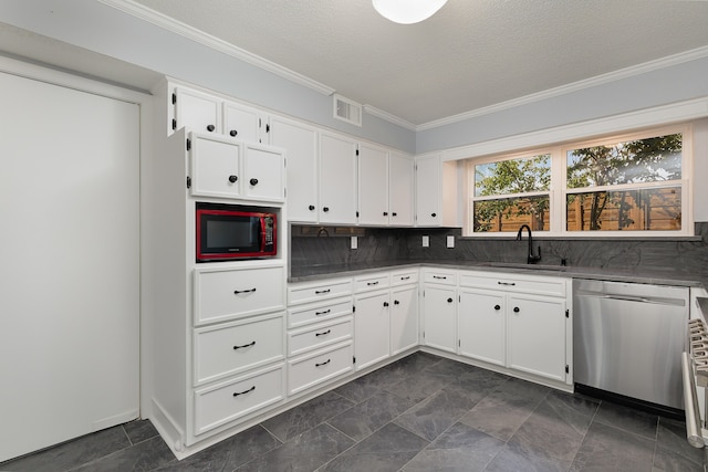 kitchen with sink, backsplash, white cabinetry, dishwasher, and black microwave